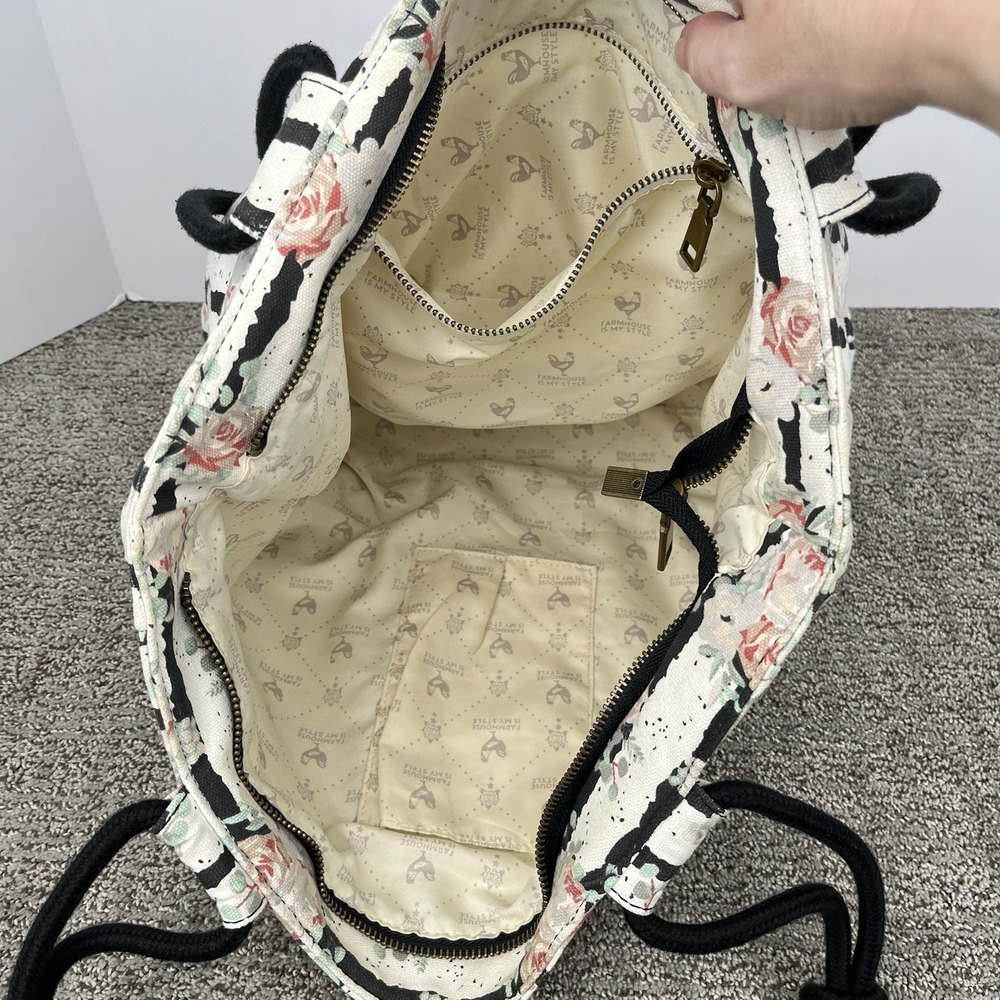 Farmhouse Is My Style Off White Floral Tote‎ Bag Black Rope Handles Zipper Purse - Picture 10 of 10